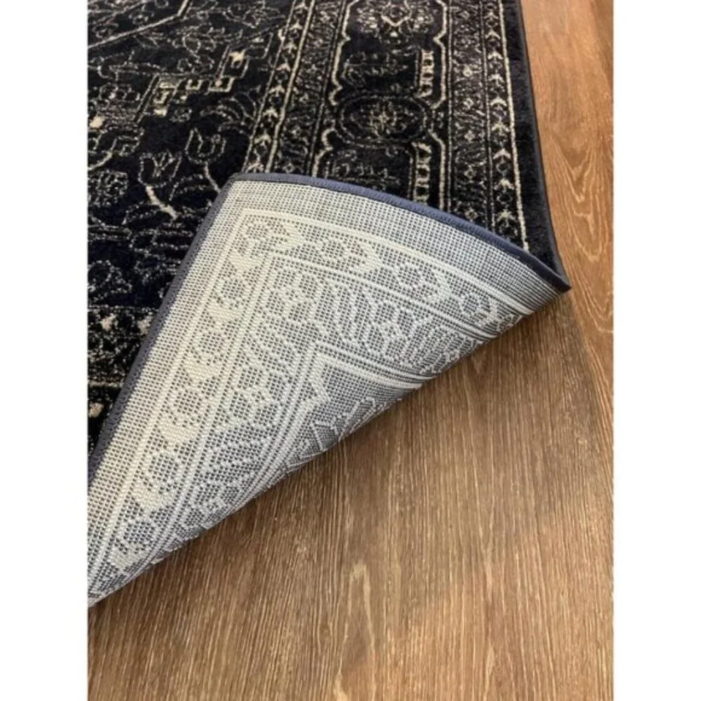 New 8x10 Adirondack Area Rug, Navy Ivory Oriental Medallion, Non-Shedding Carpet